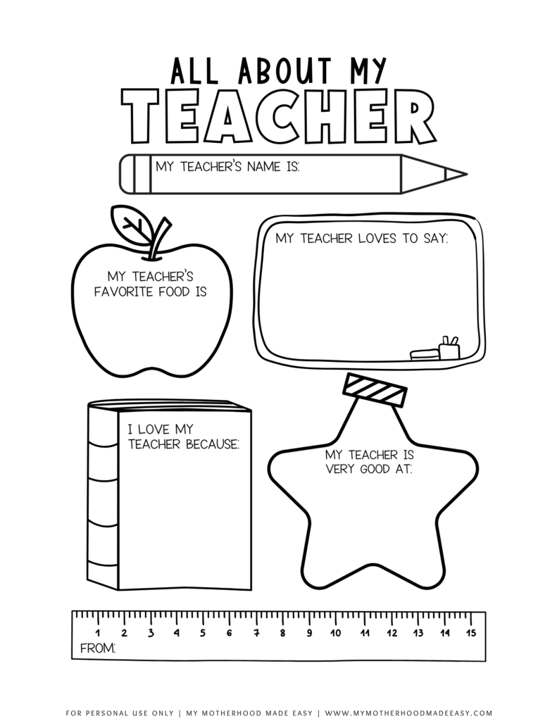 FREE All About My Teacher Printable PDF Thank You Gift My Motherhood Made Easy