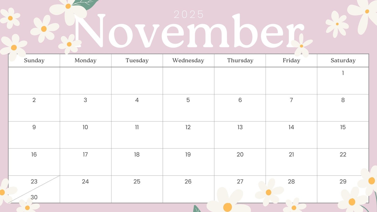 November 2025 Calendar Kids Printable