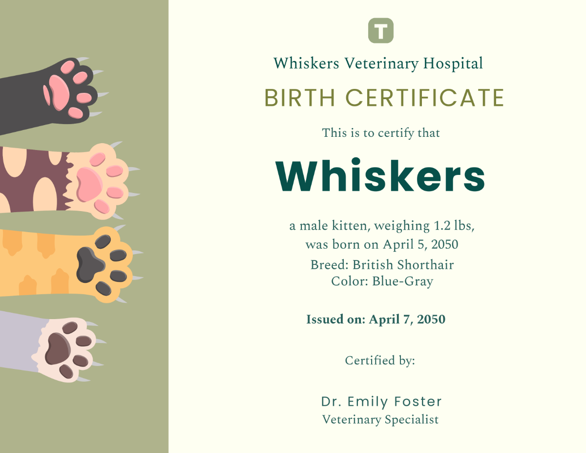 Cat Birth Certificate Free Printable