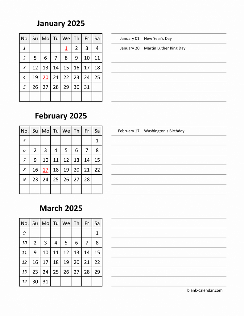 2025 3 Month Calendar Printable