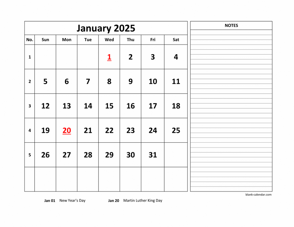 Printable Calendar 2025 19 With Lines For Notes