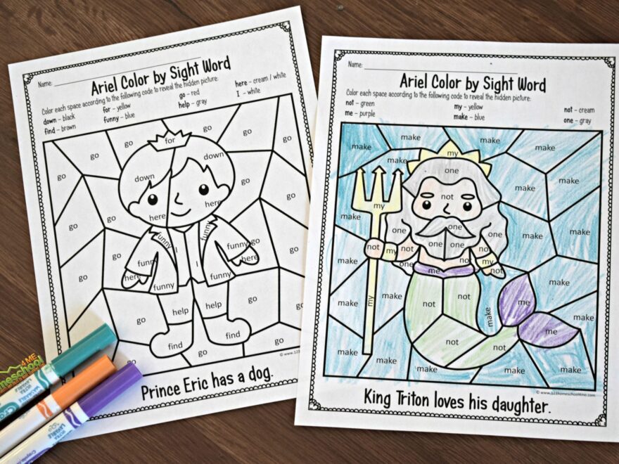 FREE Little Mermaid Color By Sight Word Worksheets