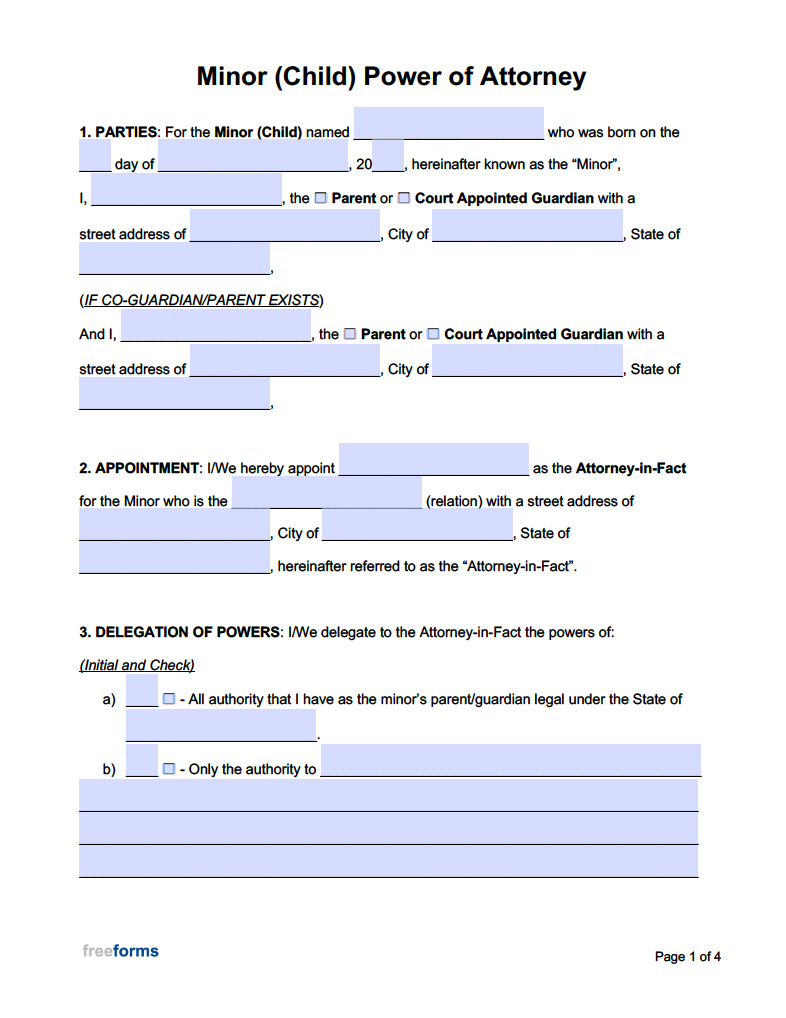 Free Minor Child Power Of Attorney Forms PDF Word