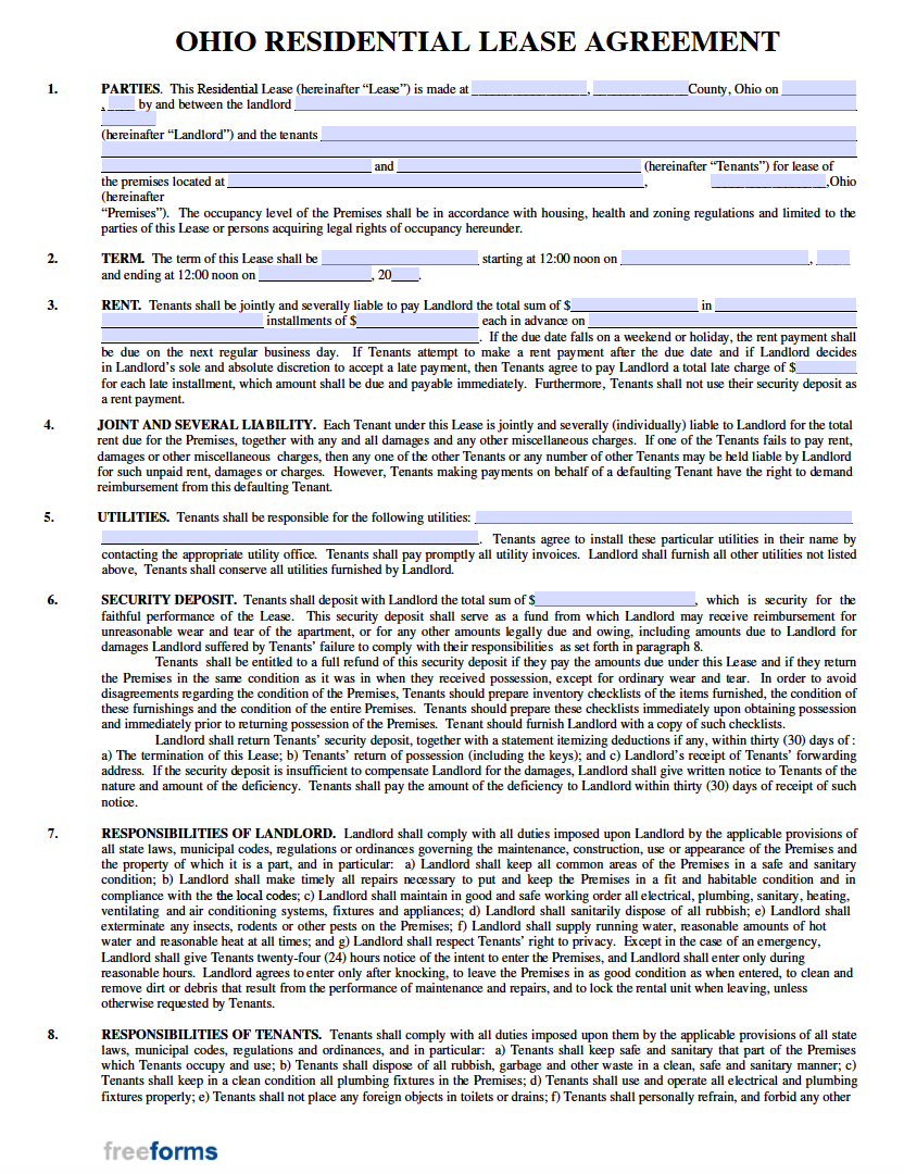Free Ohio Rental Lease Agreement Templates PDF
