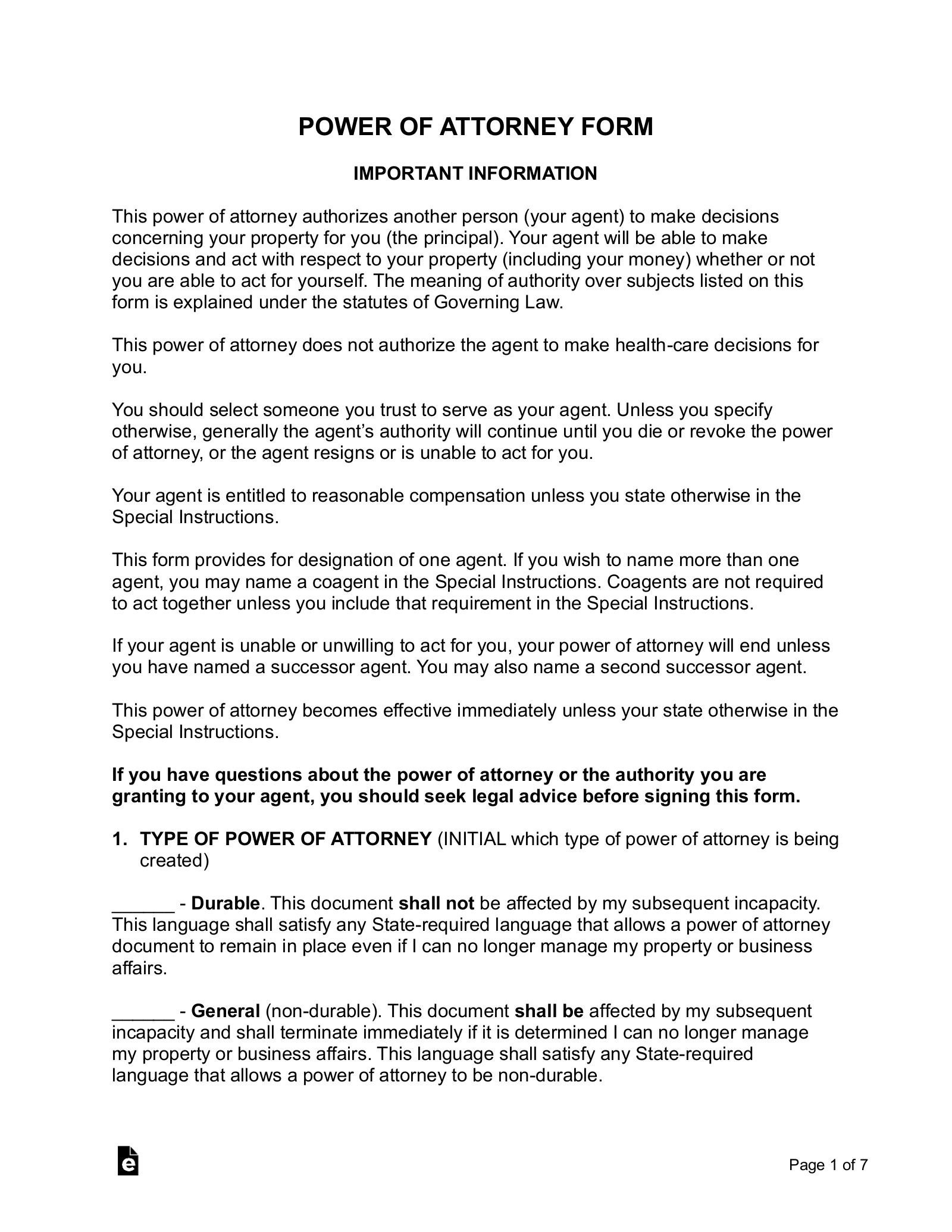 Free Power Of Attorney Forms 12 Types PDF Word EForms