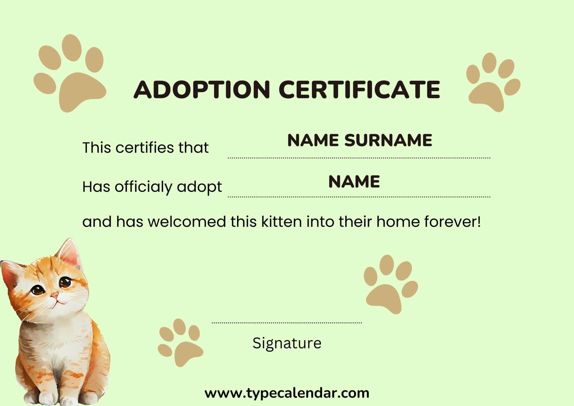 Free Printable Adoption Certificate Templates PDF Pet Animal