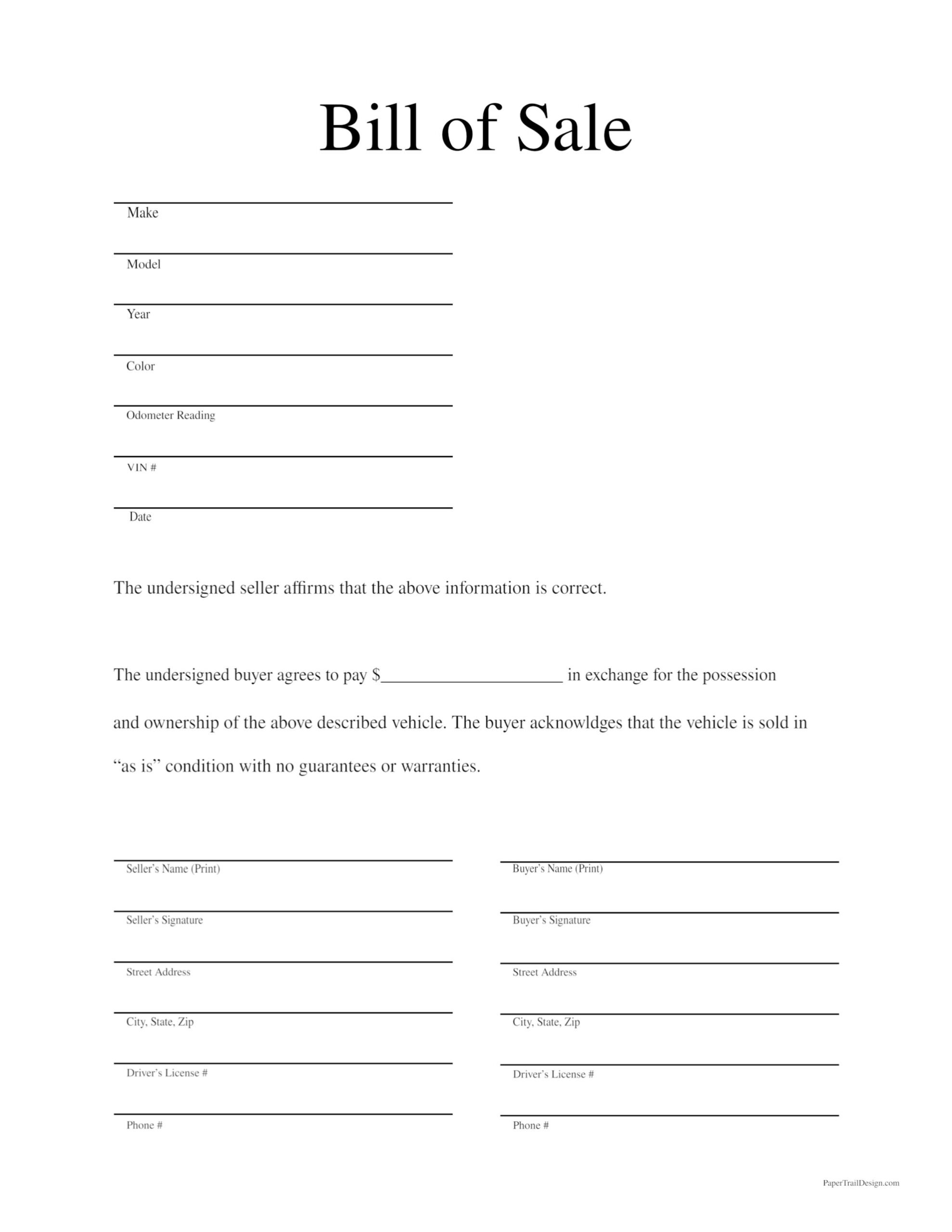 Car Bill Of Sale Form Free Printable