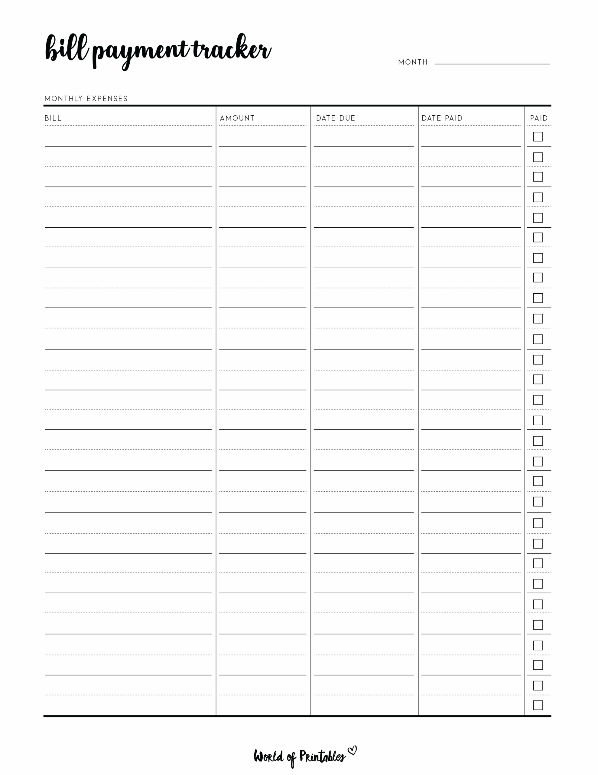 Free Printable Bill Worksheets
