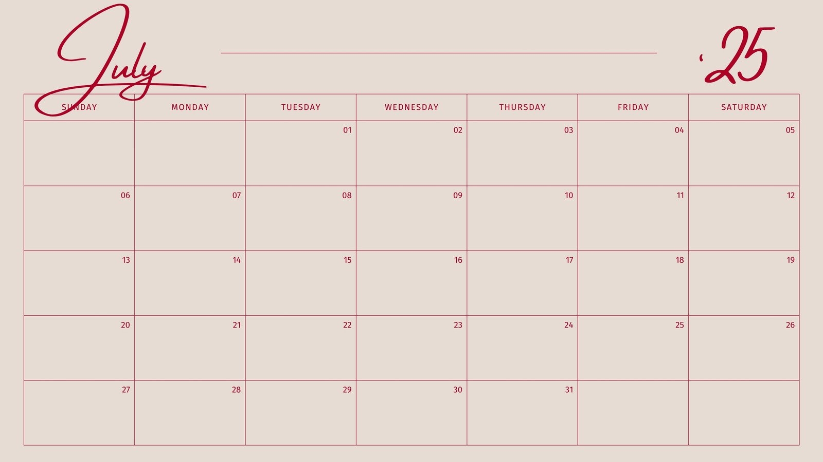 Free Printable Custom July 2025 Calendar Templates Canva