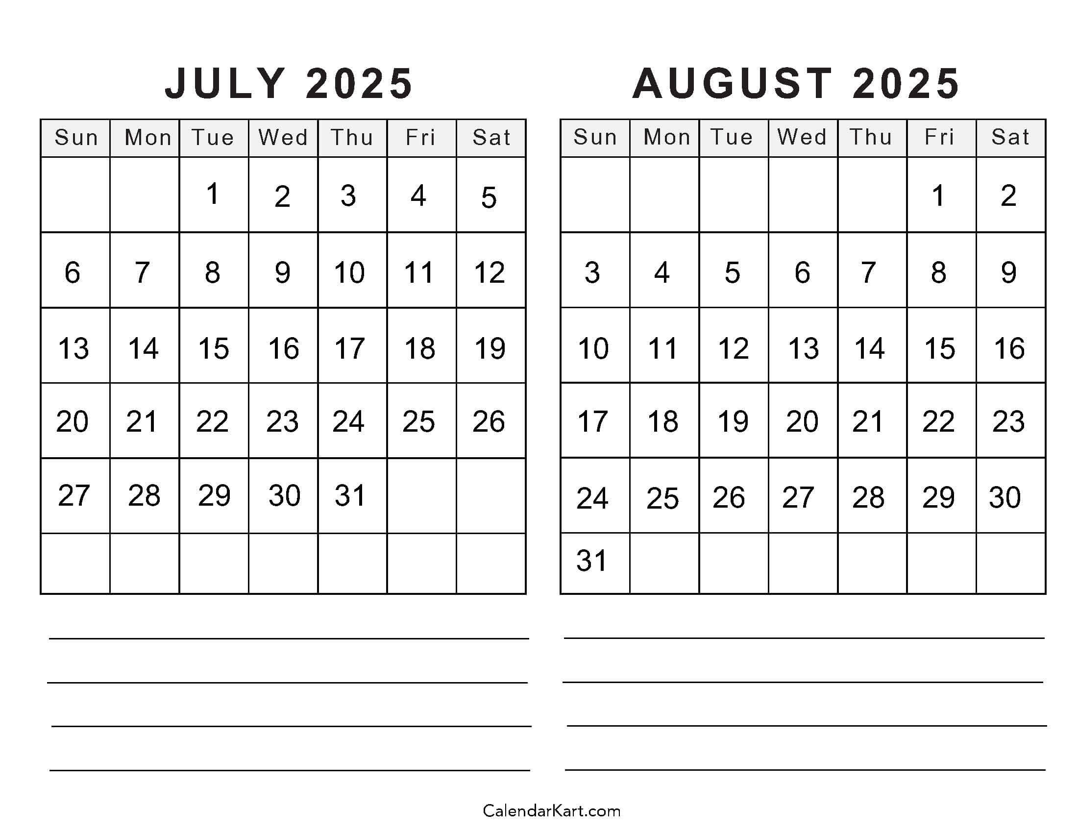 Calendar July August 2025