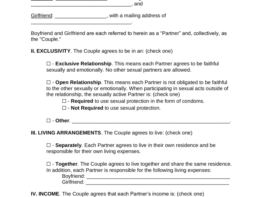 Free Relationship Contract Template Cohabitation Agreement PDF Word EForms