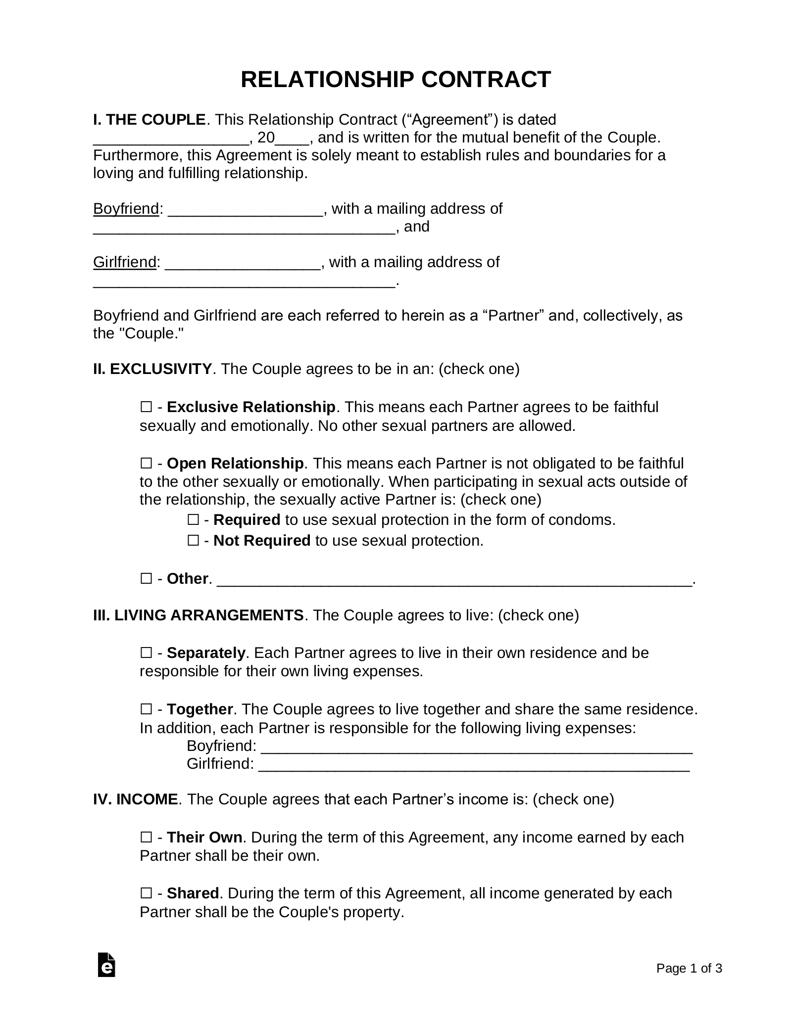Free Relationship Contract Template Cohabitation Agreement PDF Word EForms