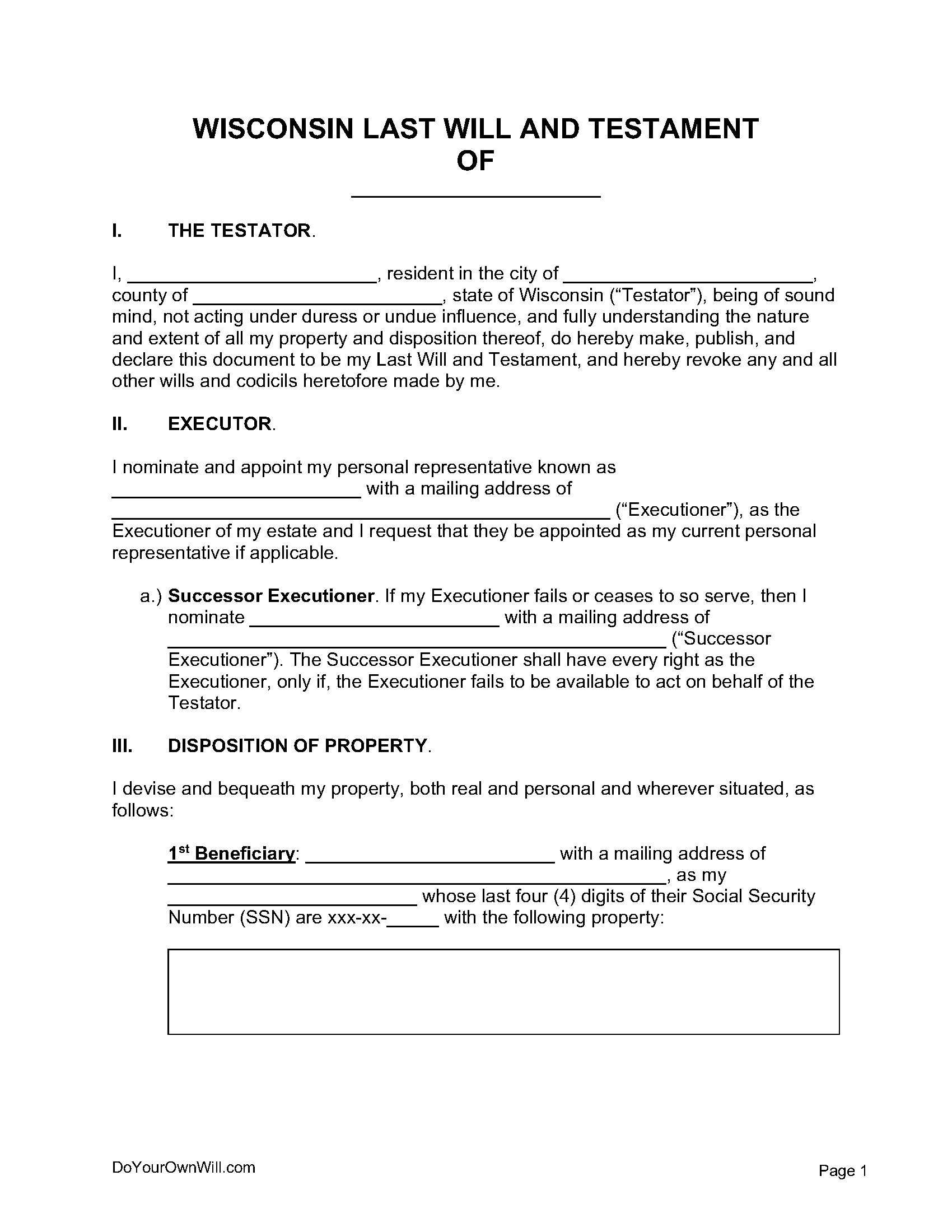 Free Wisconsin Last Will And Testament Form PDF WORD ODT
