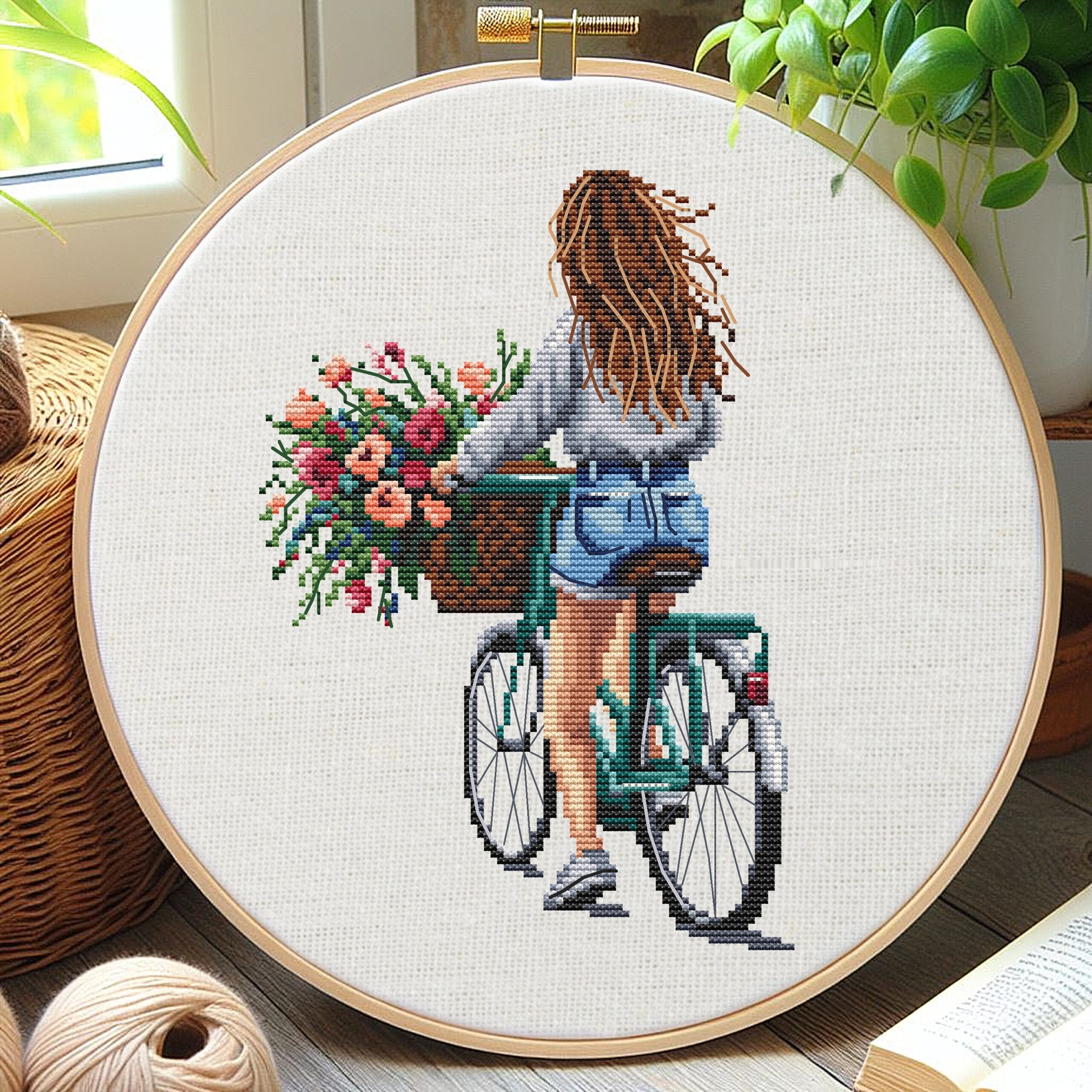 Girl On Bike Cross Stitch Pattern Cross Stitch Pattern Flower Count Cross Stitch Pattern Cross Stitch Point De Croix Punto De Cruz Etsy