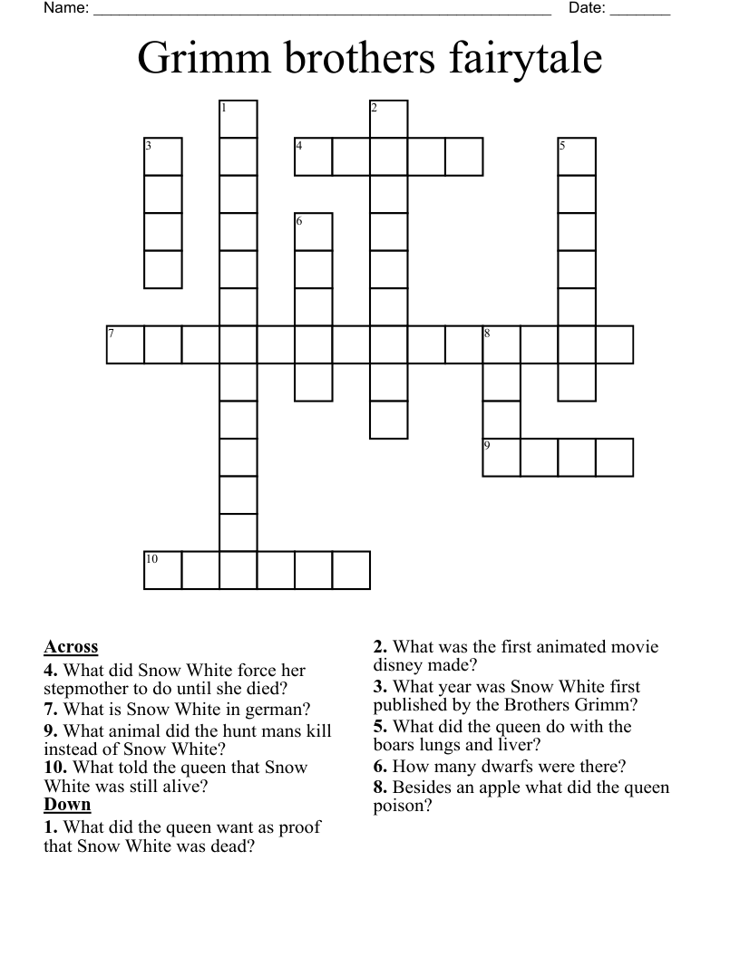 Grimm Brothers Fairytale Crossword WordMint