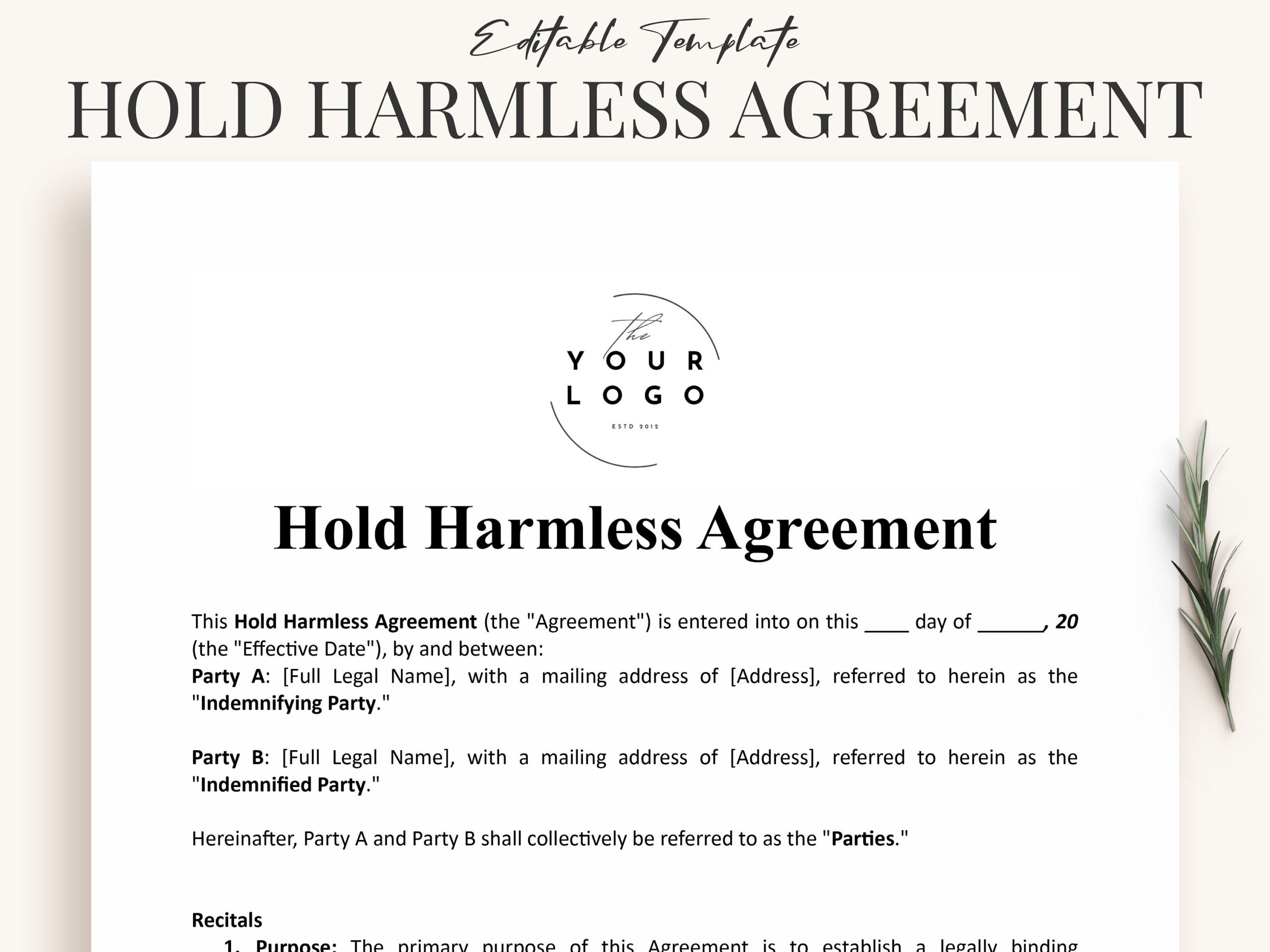 Hold Harmless Agreement Printable