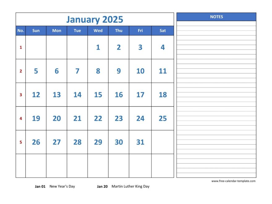 January Calendar 2025 Grid Lines For Holidays And Notes horizontal Free Calendar template