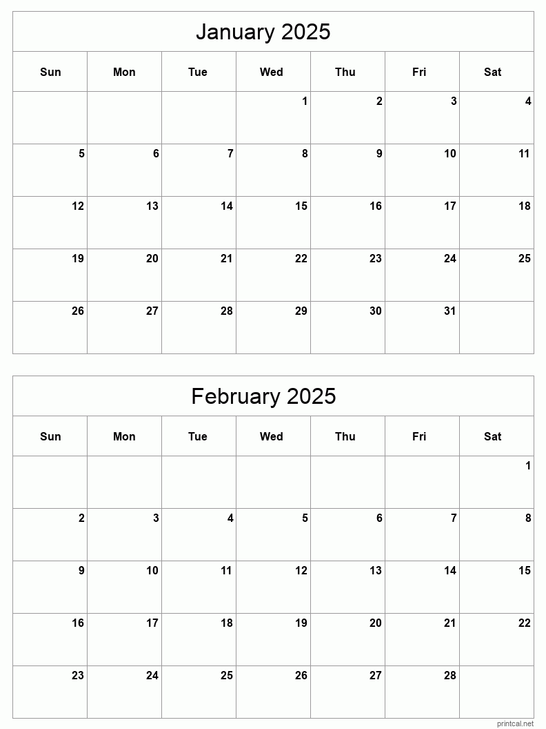 January To February 2025 Printable Calendar Two Months Per Page Printable Calendar