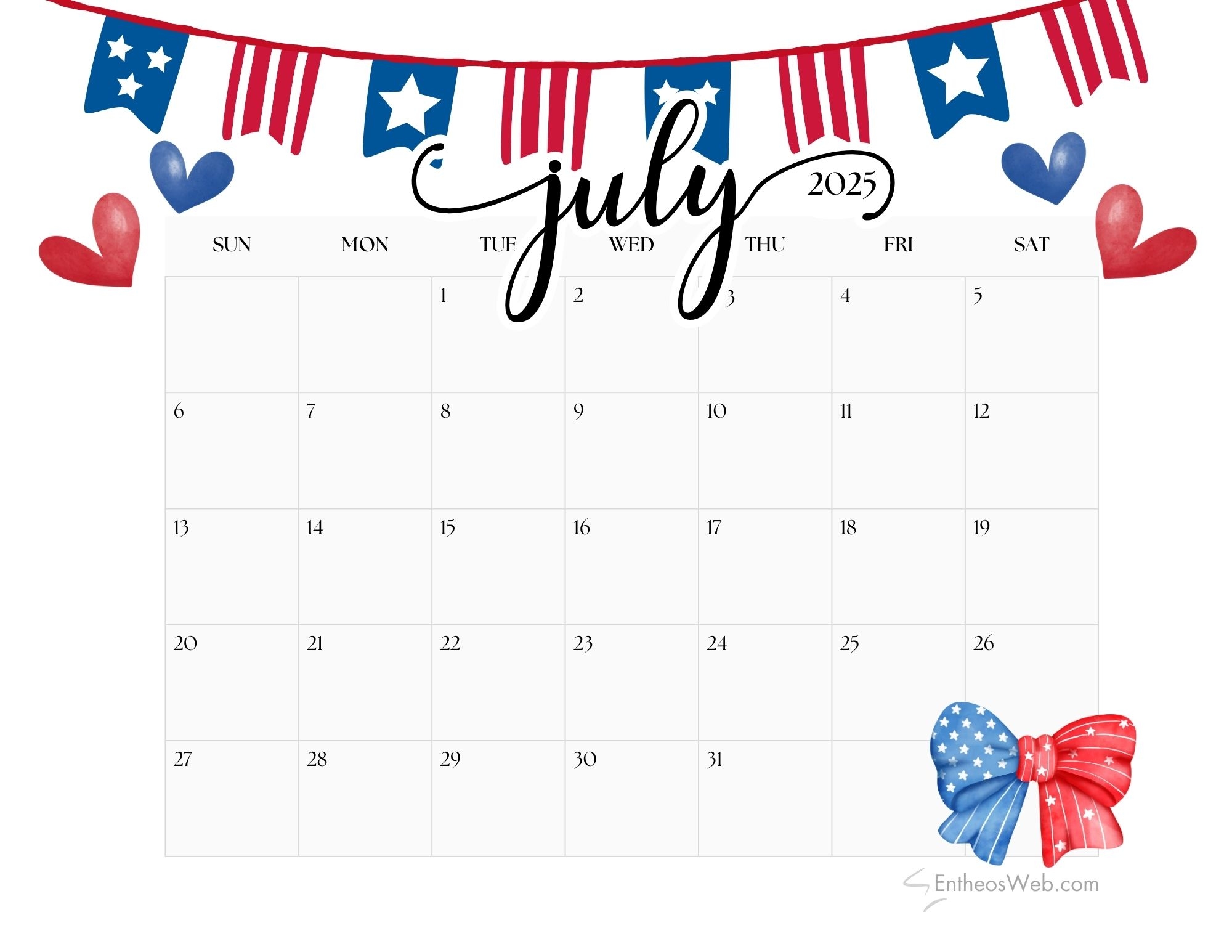 July Printable Calendar 2025