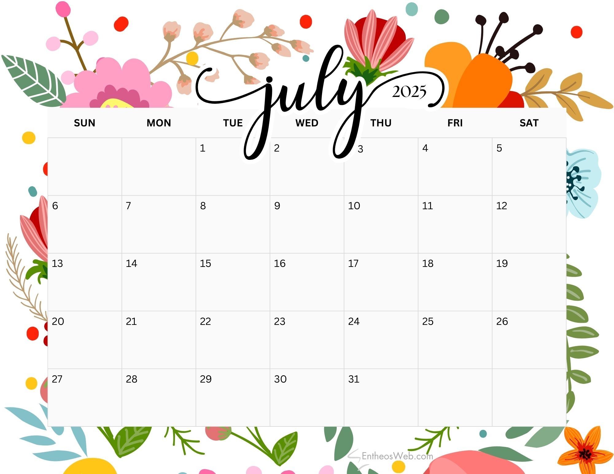 Free Printable Calendar July 2025