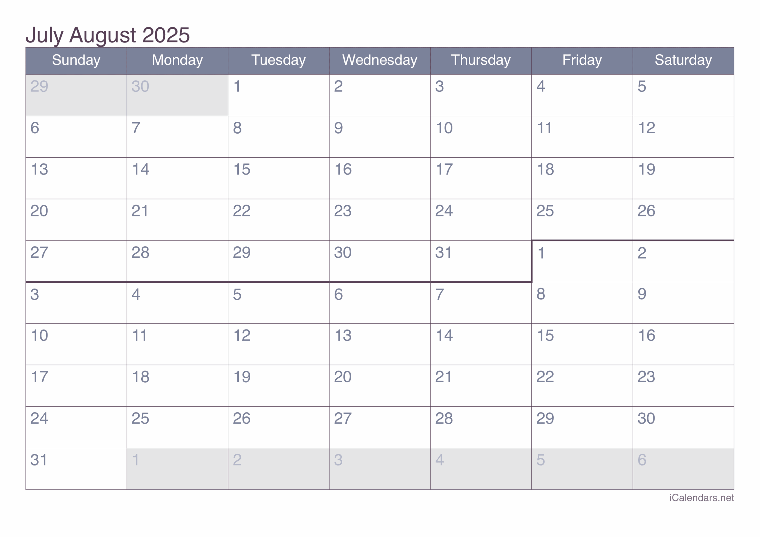 Calendar June July August 2025