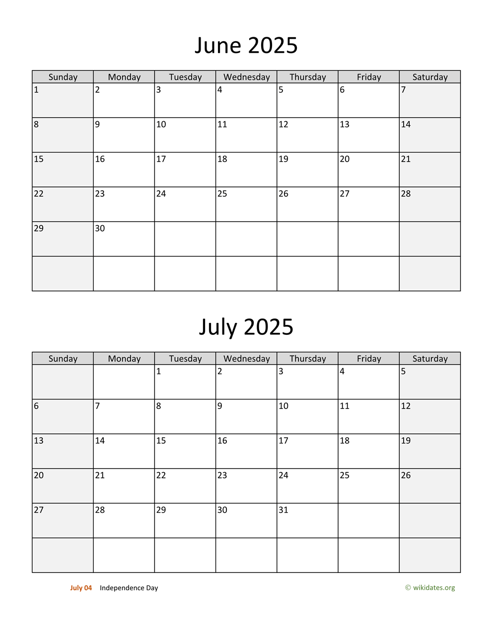 June July August Printable Calendar 2025