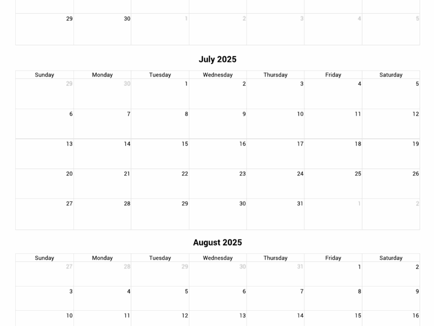 June To August 2025 Calendar Printable Custom Calendar Maker