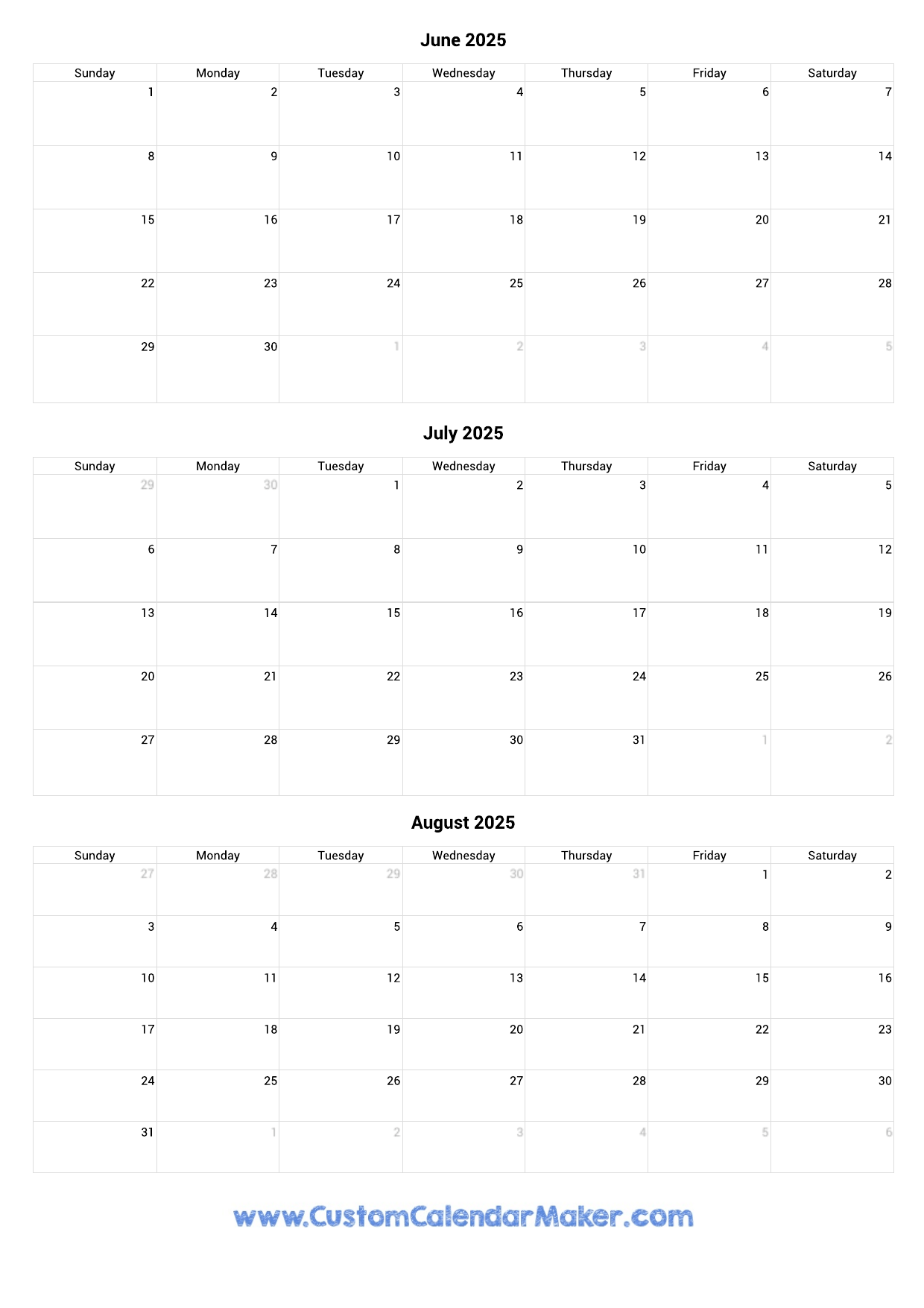 June To August 2025 Calendar Printable Custom Calendar Maker
