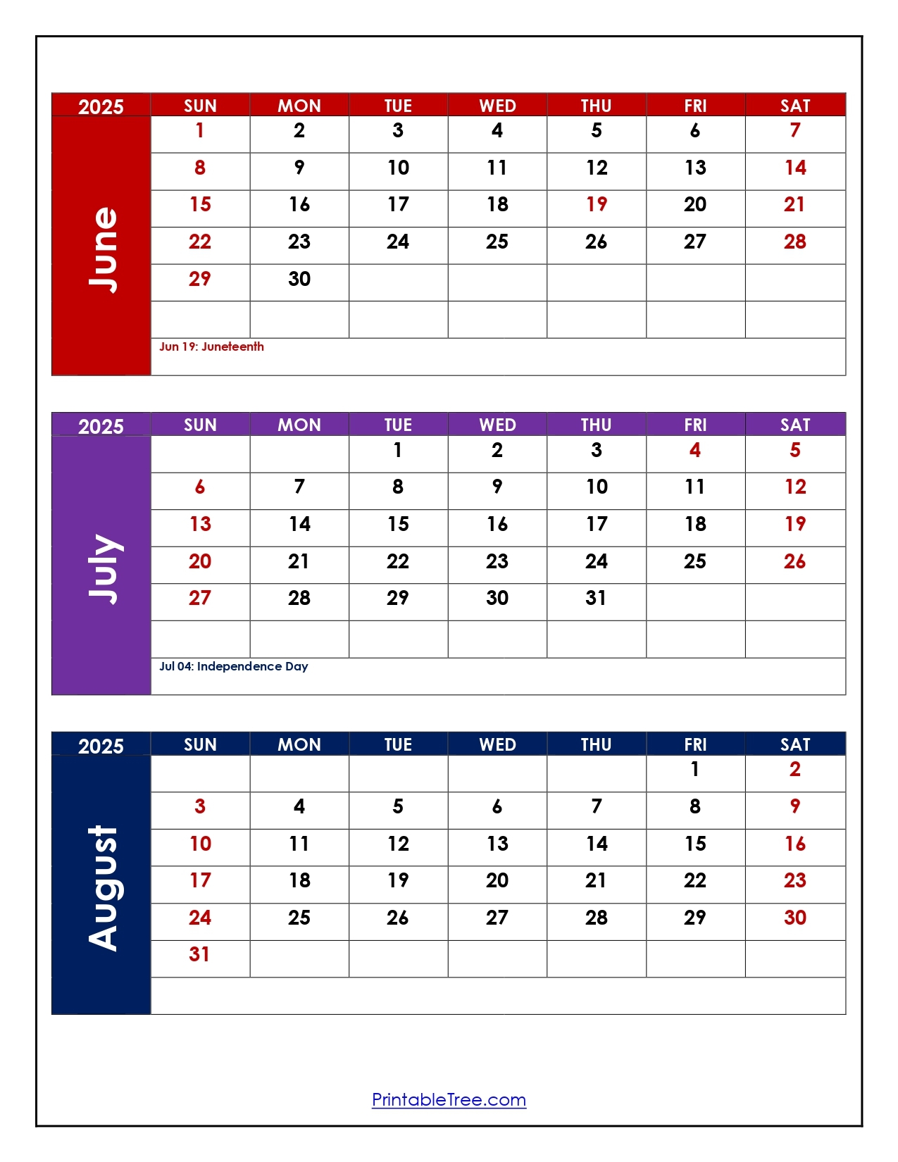 Calendar 2025 June July August