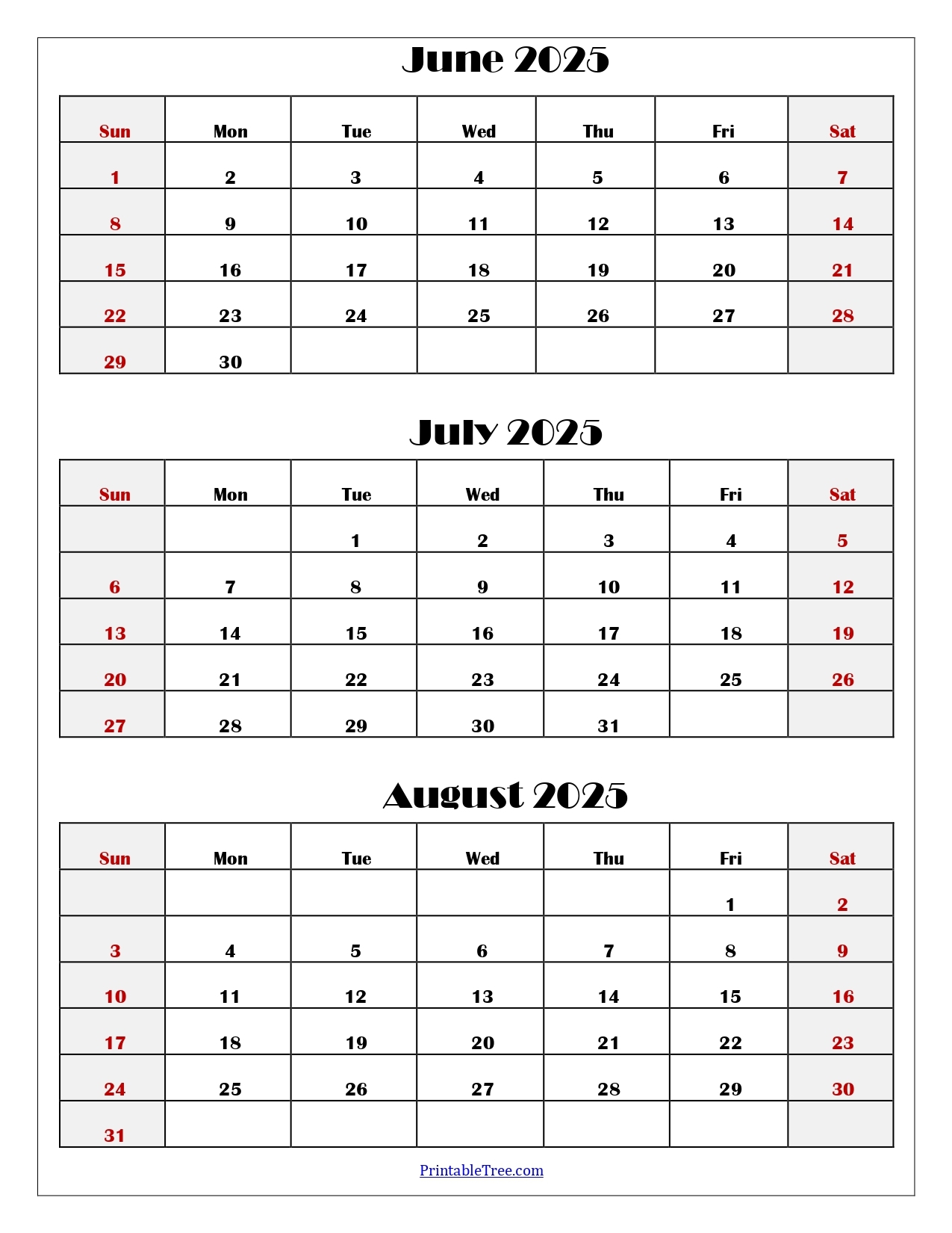 June To August 2025 Calendar Printable PDF Three Months Calendar
