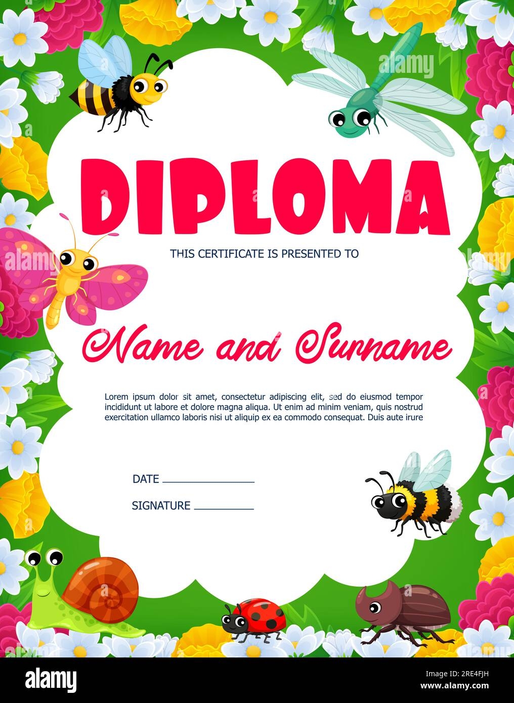 Kids Diploma Cartoon Insect Characters On Summer Meadow Certificate Or Award Vector Template Kindergarten Or Preschool Diploma Certificate With Butterfly Bee Ladybug And Dragonfly Bug And Snail Stock Vector Image Art 
