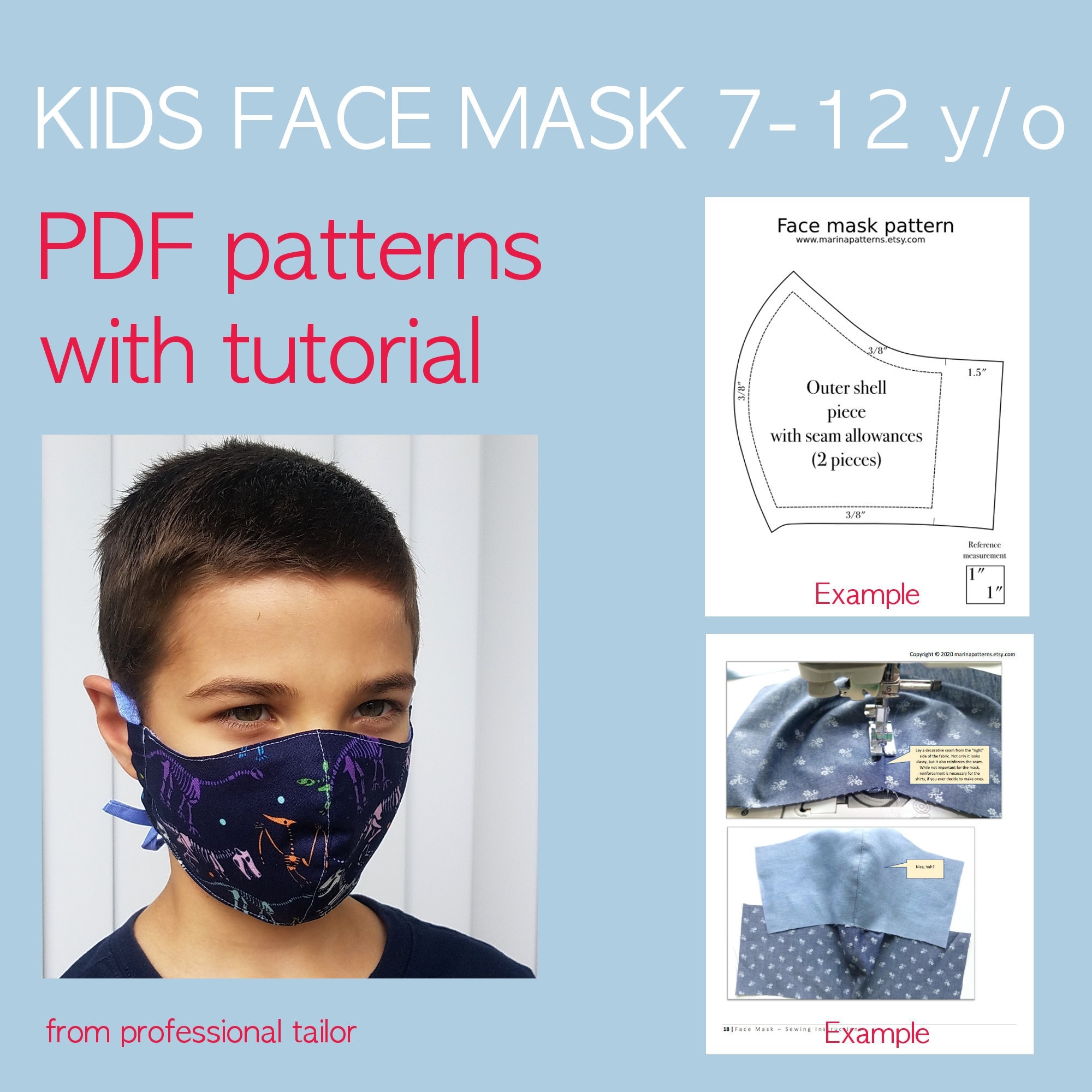 Kids Face Mask Pattern Pdf 7 12 Y o Face Mask With Filter Pocket Fitted Face Mask Pattern Etsy
