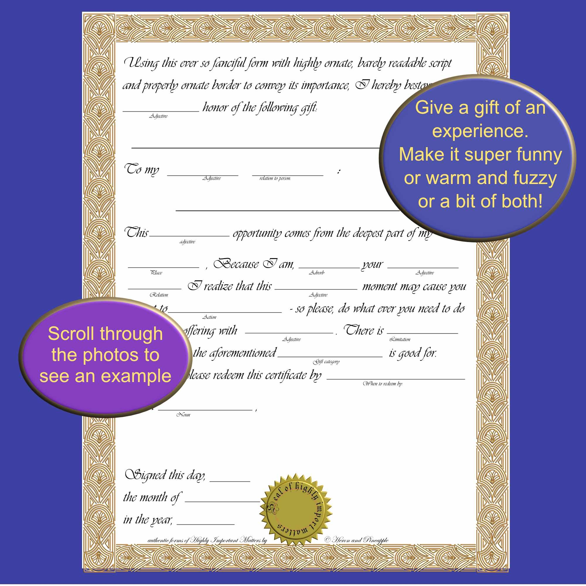 Mad Lib Styled Blank Gift Certificate Funny Or Warm And Fuzzy 