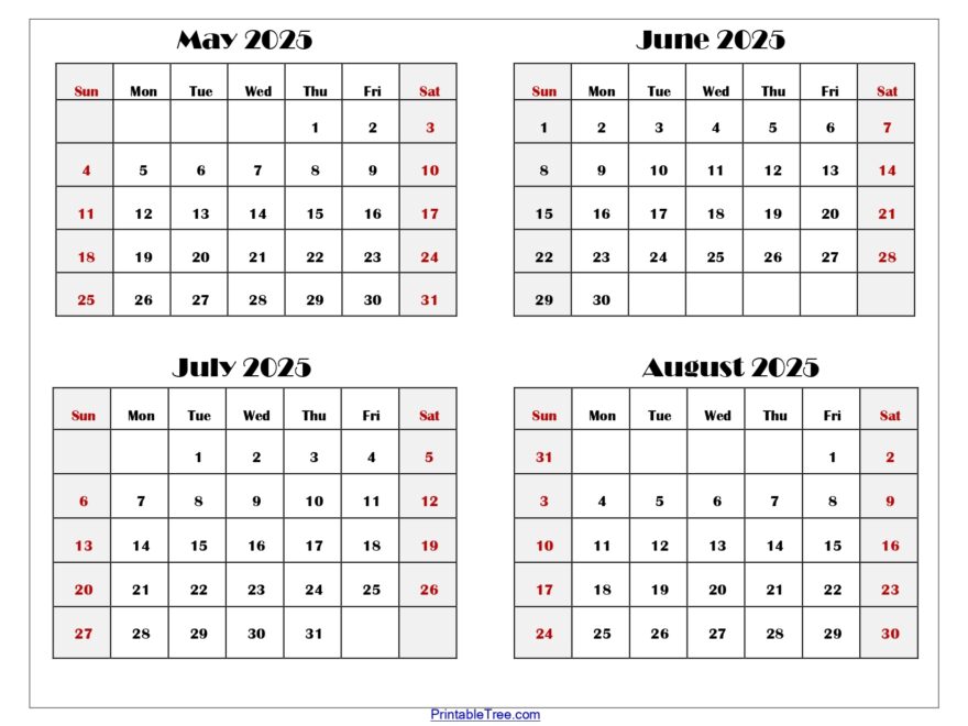 May To August 2025 Calendar Printable PDF Four Months Calendar
