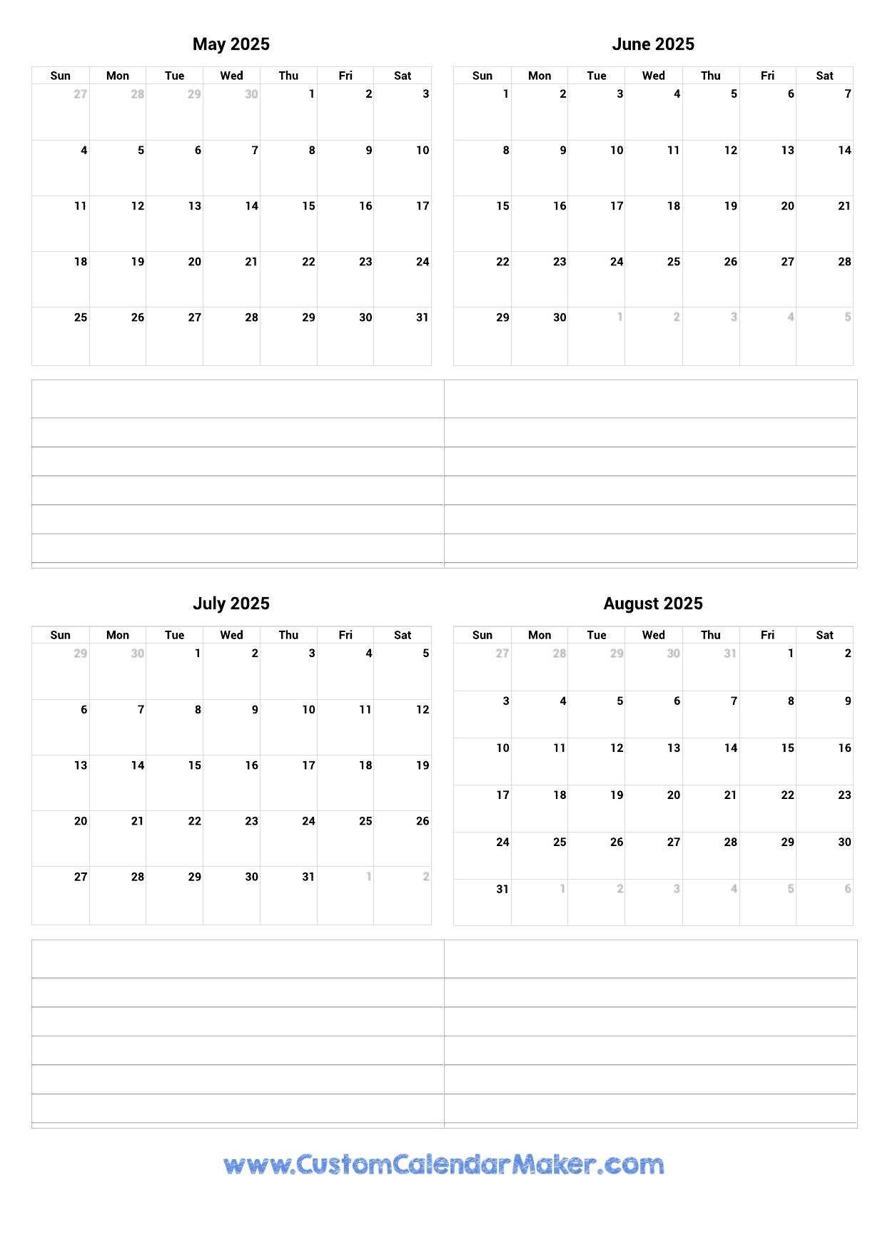 May June July August Calendar 2025
