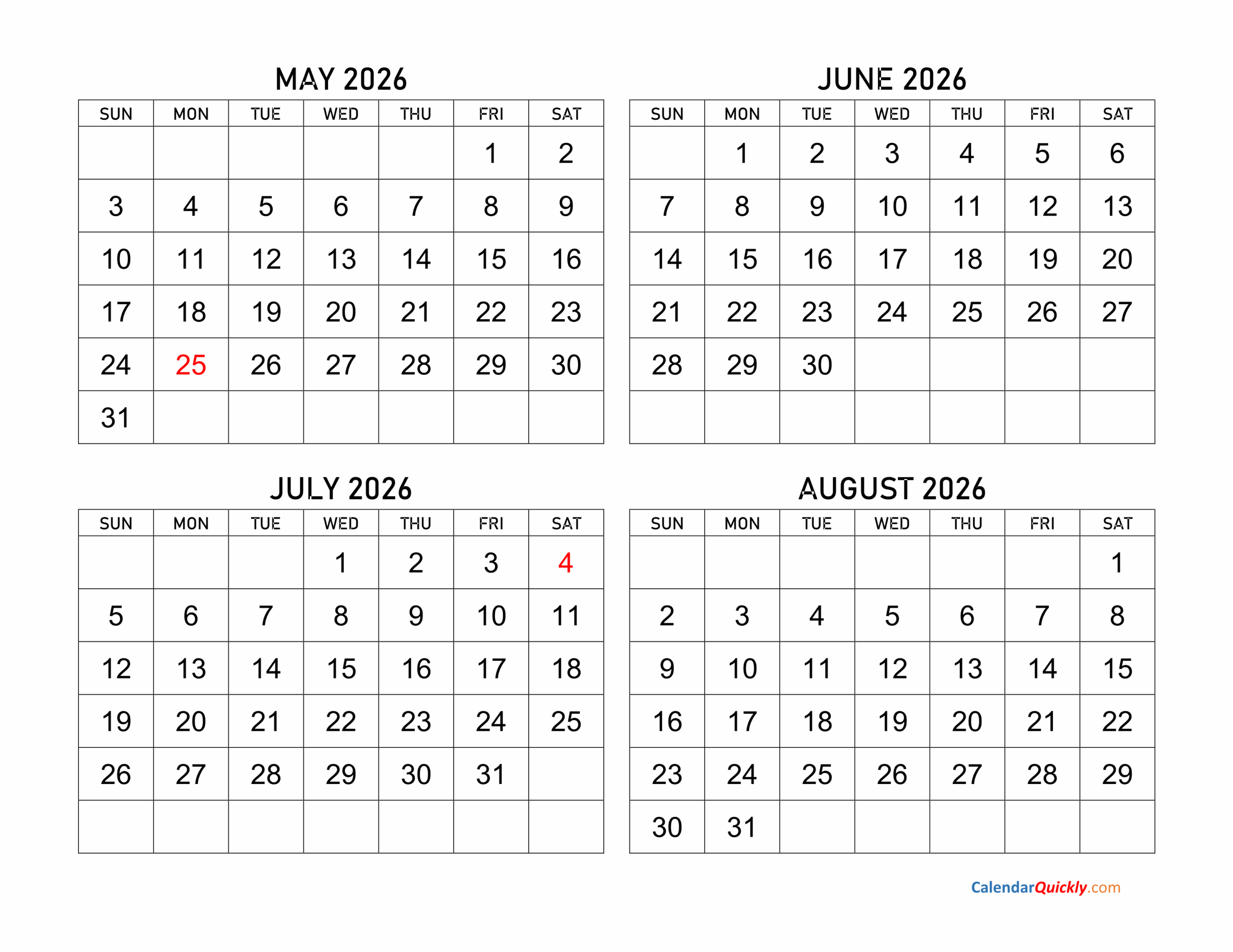 May To August Calendar 2025