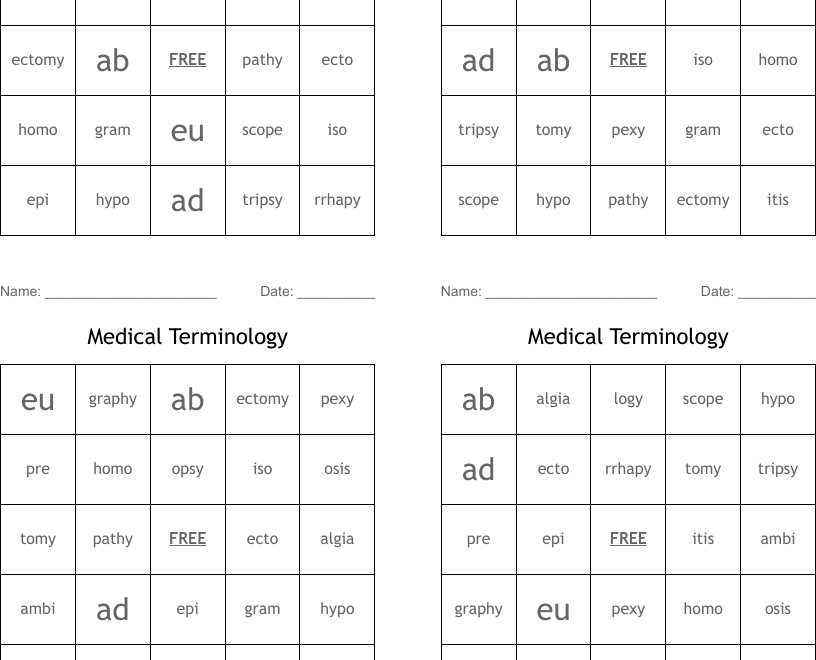 Medical Terminology Bingo Cards WordMint