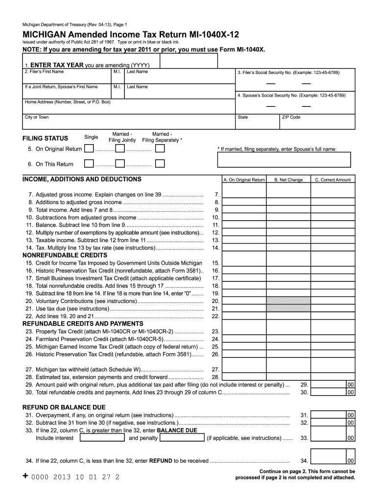 Michigan 1040x Fill Online Printable Fillable Blank PdfFiller