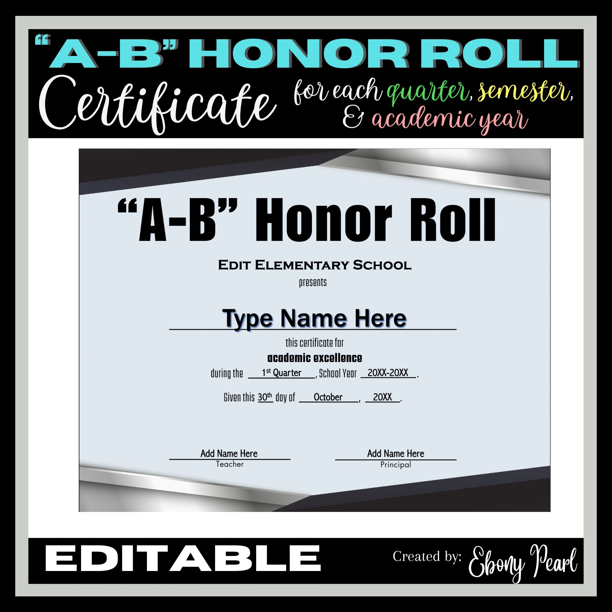 New Editable a b Honor Roll Certificate 1 Each Quarter Semester EOSY Etsy