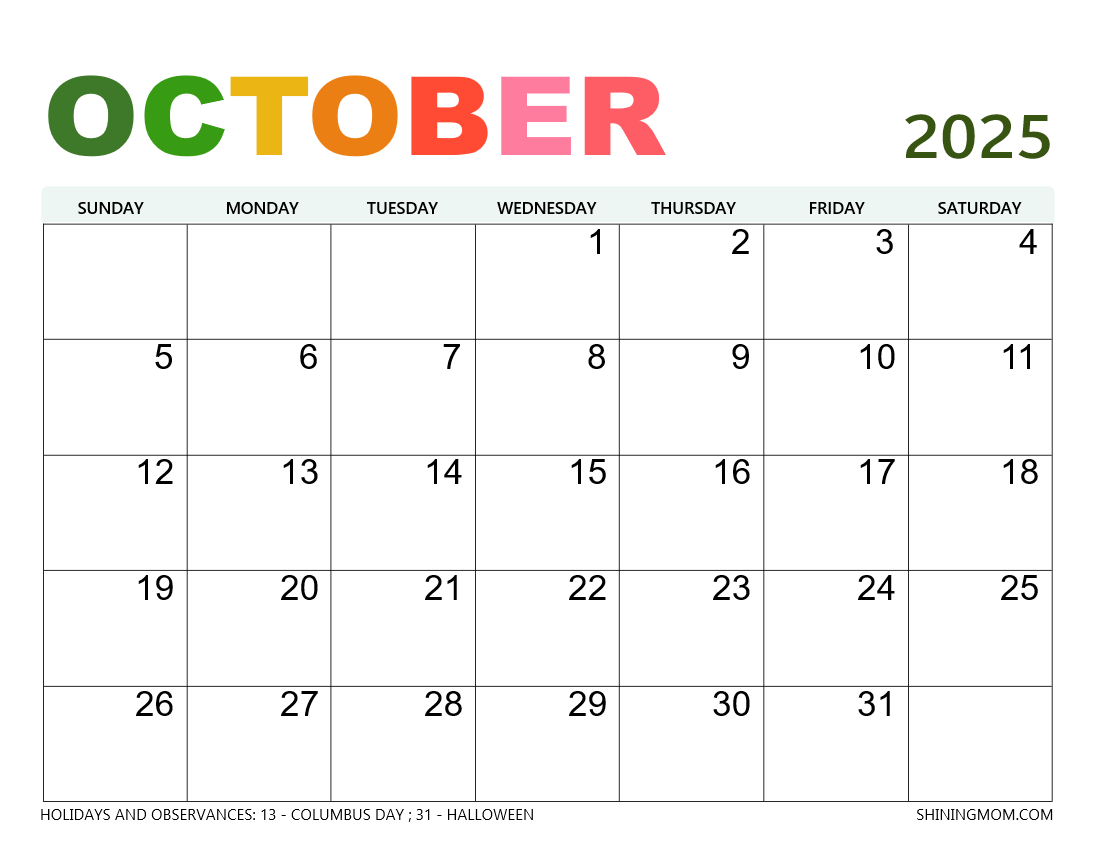 Calendar 2025 October Printable