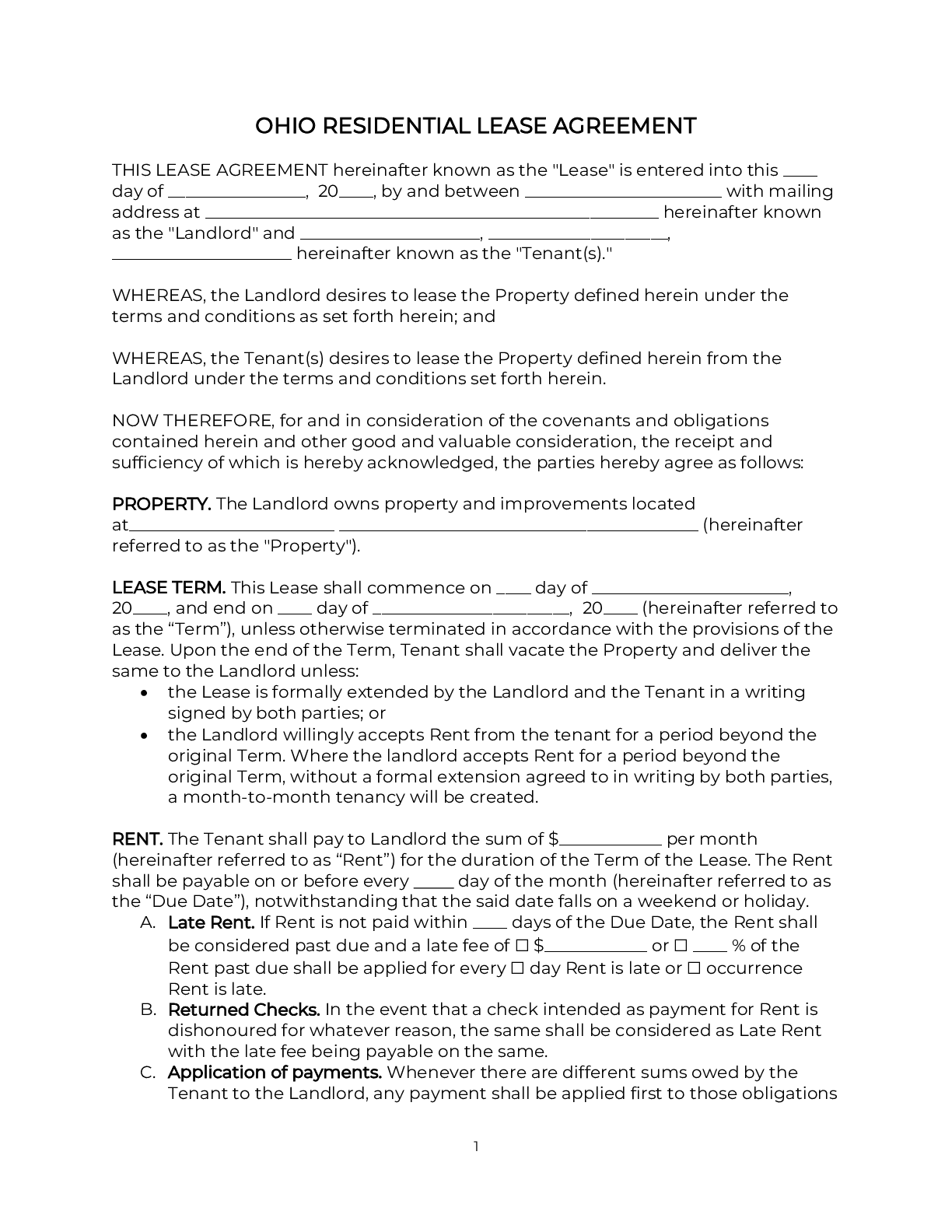 Free Printable Rental Agreements Ohio