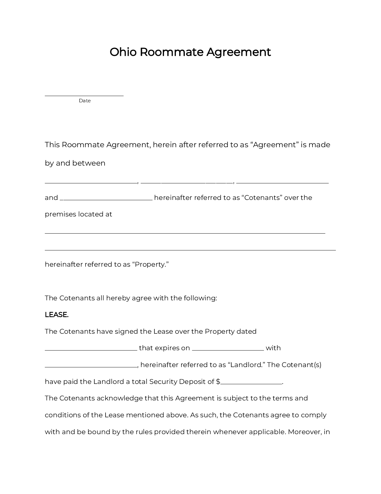 Ohio Rental Lease Agreement Template 2025 PDF DOC