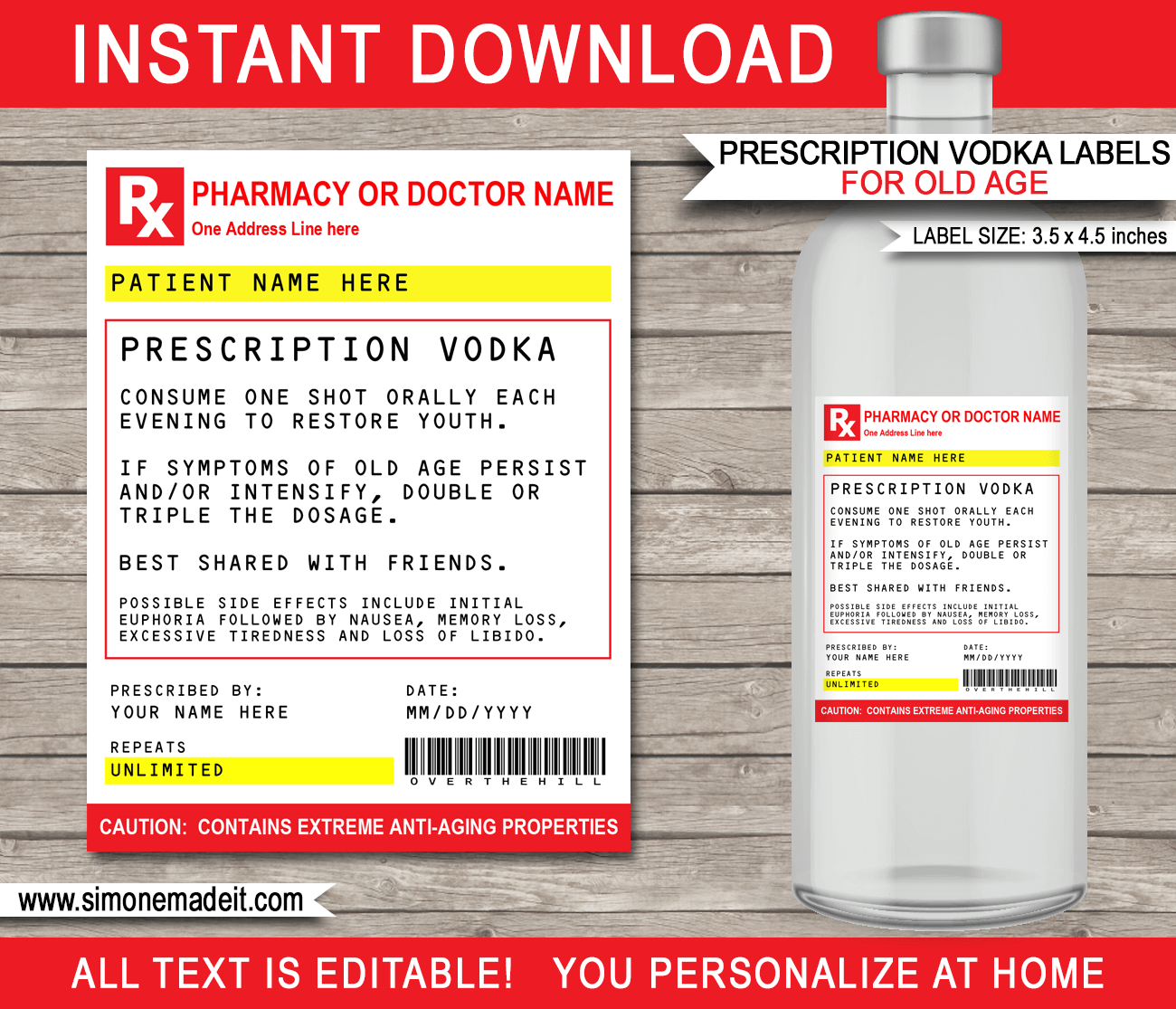 Old Age Prescription Vodka Labels Template Printable Fake RX Pharmacy Label