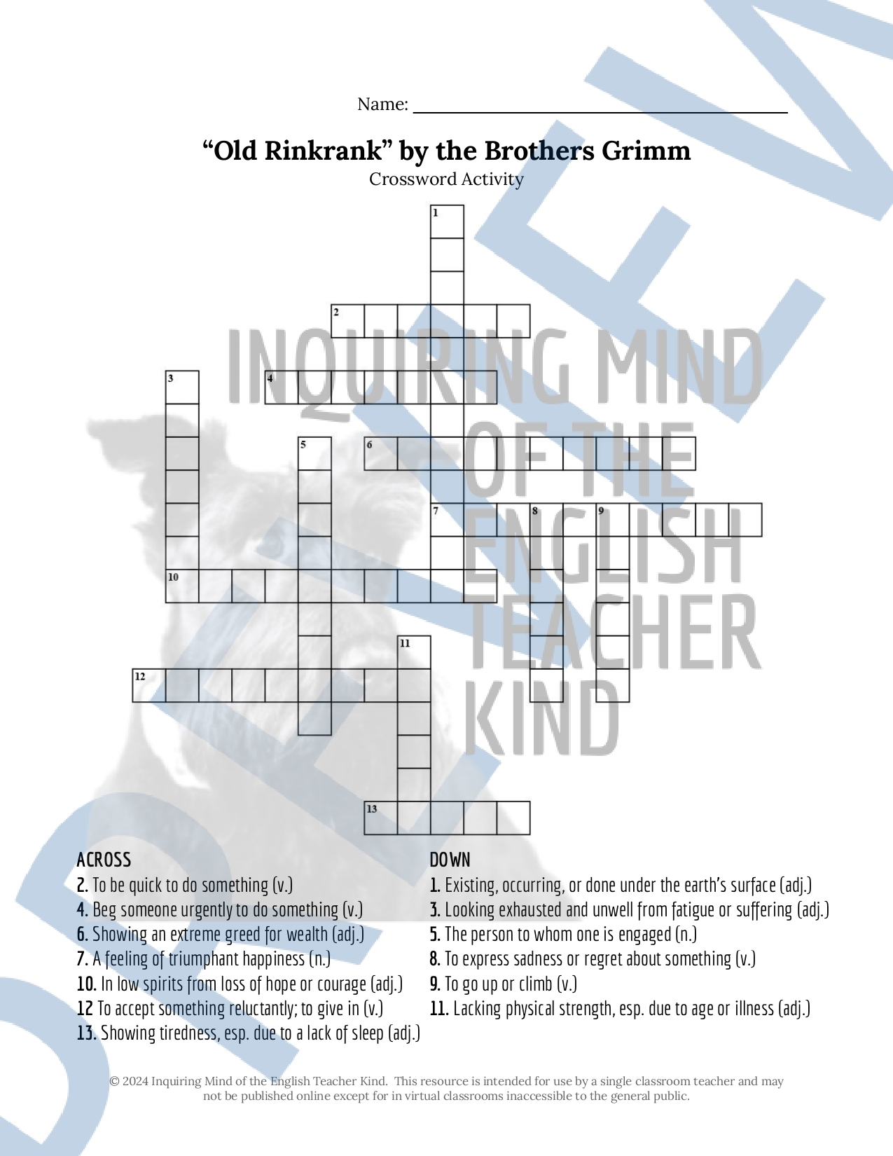 Old Rinkrank By The Brothers Grimm Vocabulary Games For High School Classful