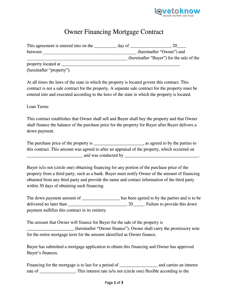 Owner Financing Contract Printable Fill Online Printable Fillable Blank PdfFiller