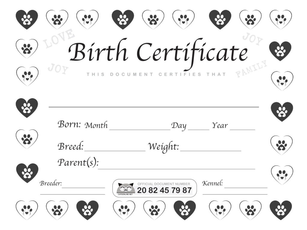 Pet Birth Certificates 8 Colors 