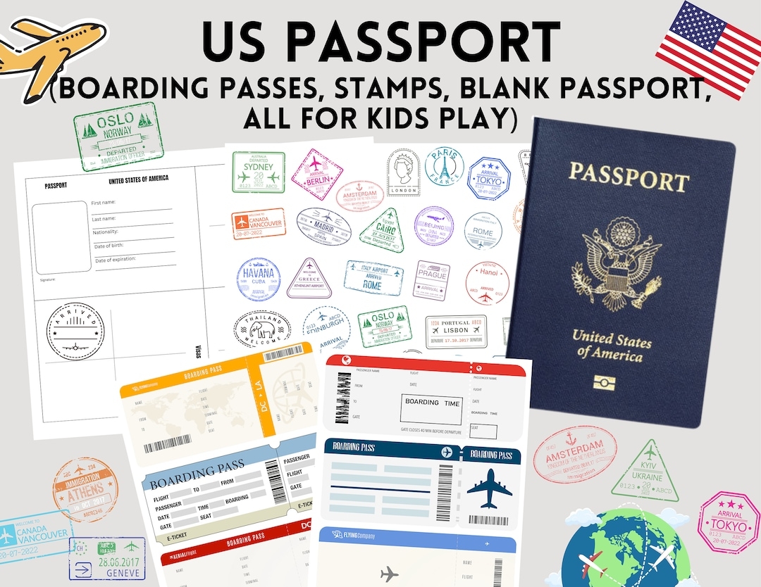 Pretend Play Travel Printable US Passport For Kids Boarding Pass Templates US Passport Template Stamps Paper Game Instant Download Etsy