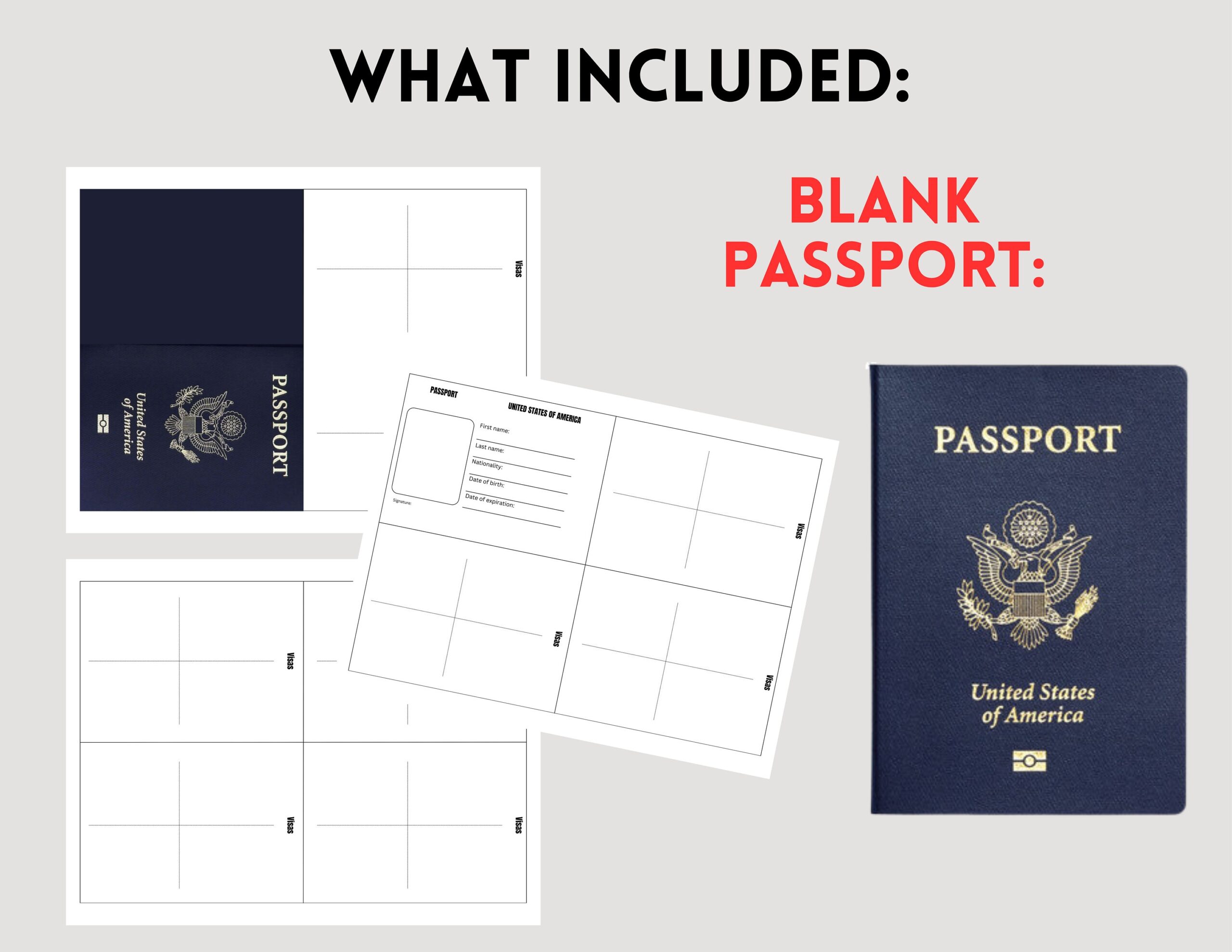 Pretend Play Travel Printable US Passport For Kids Boarding Pass Templates US Passport Template Stamps Paper Game Instant Download Etsy