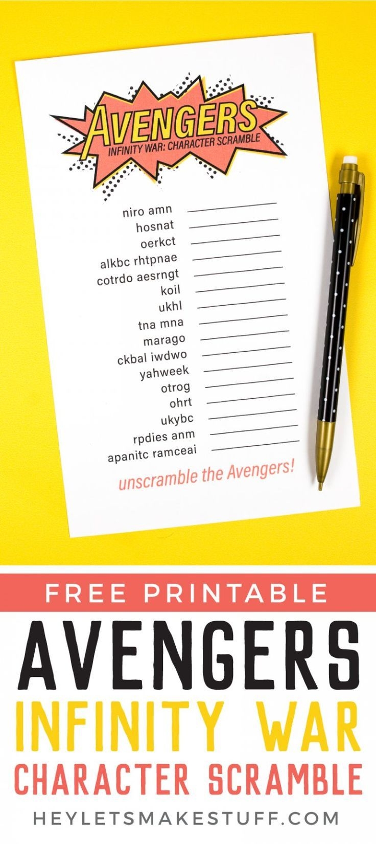 Printable Avengers Infinity War Game Character Scramble