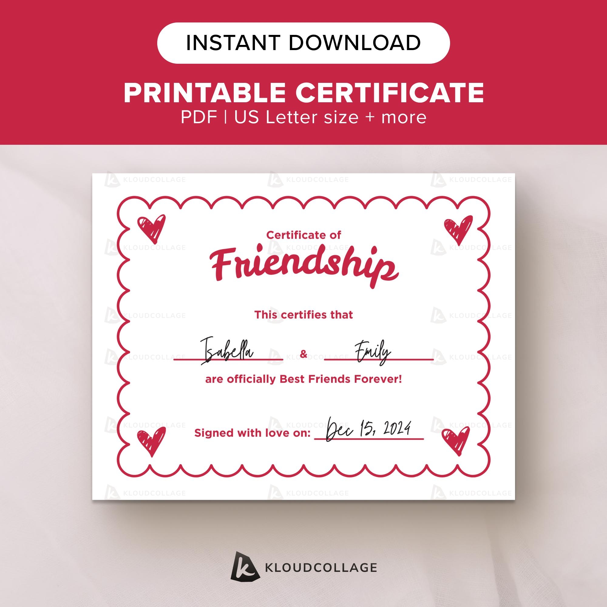 Printable Best Friend Certificate Cute Friendship Award Template Fun Gift For Besties BFF Best Friend Appreciation Instant PDF Download Etsy